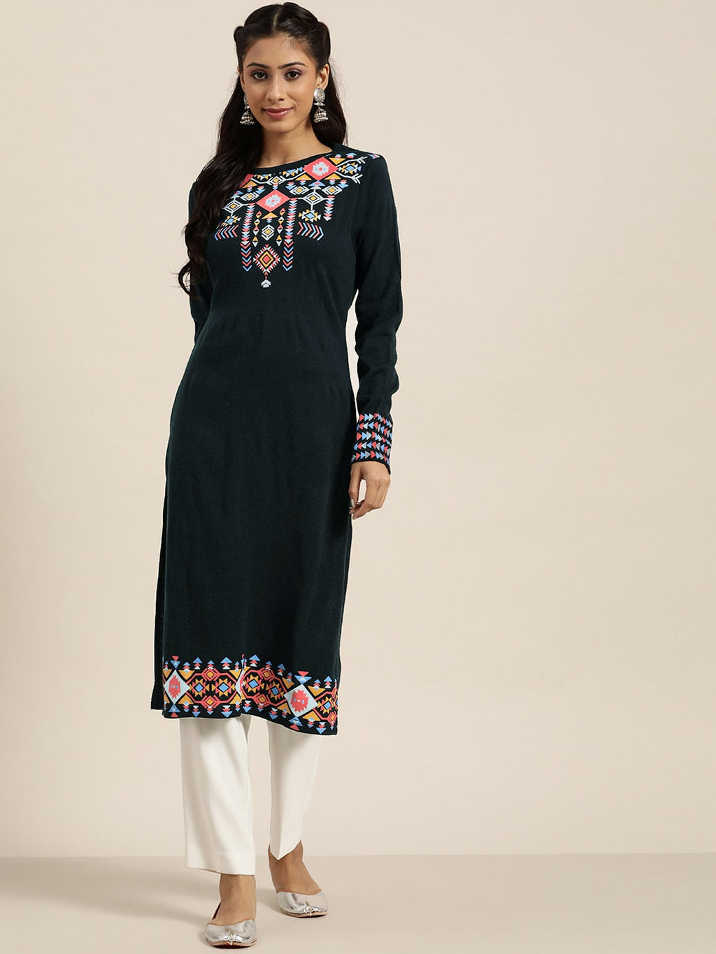 Sangria Women Teal Green & Pink Geometric Printed Straight Winter Kurta | Grocsy
