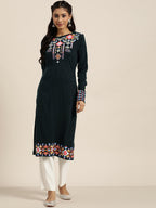 Sangria Women Teal Green & Pink Geometric Printed Straight Winter Kurta | Grocsy