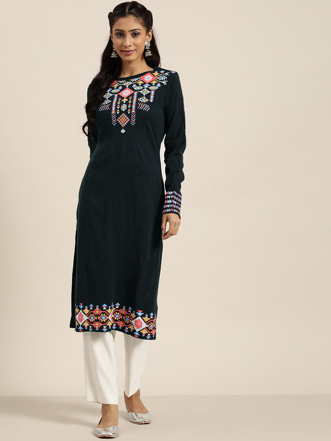 Sangria Women Teal Green & Pink Geometric Printed Straight Winter Kurta | Grocsy