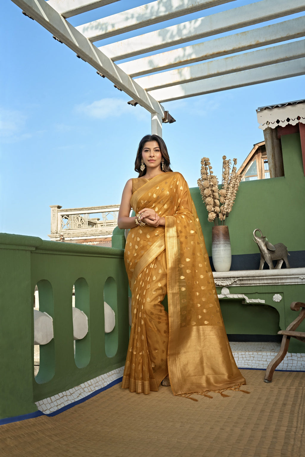 Vardha Amber Yellow Golden Zari Banarasi Organza Saree | Grocsy