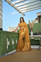 Vardha Amber Yellow Golden Zari Banarasi Organza Saree | Grocsy
