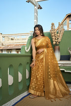 Vardha Amber Yellow Golden Zari Banarasi Organza Saree | Grocsy