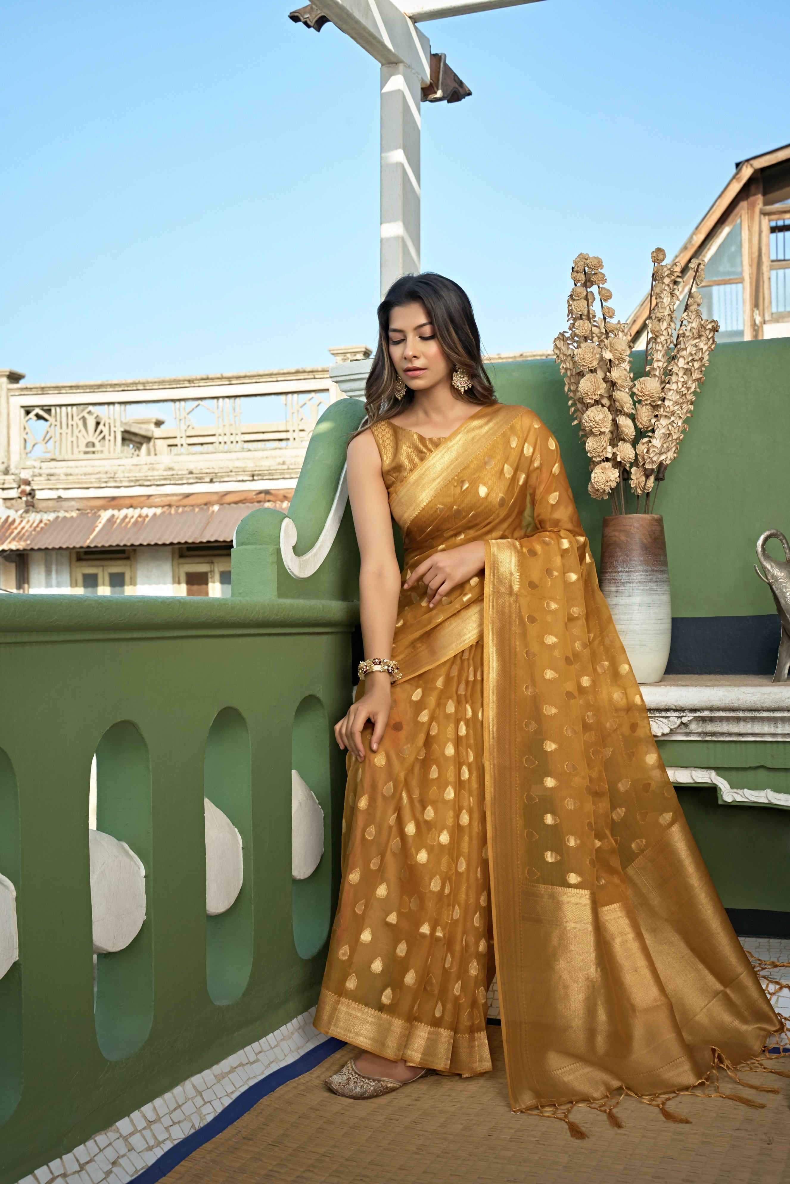 Vardha Amber Yellow Golden Zari Banarasi Organza Saree | Grocsy