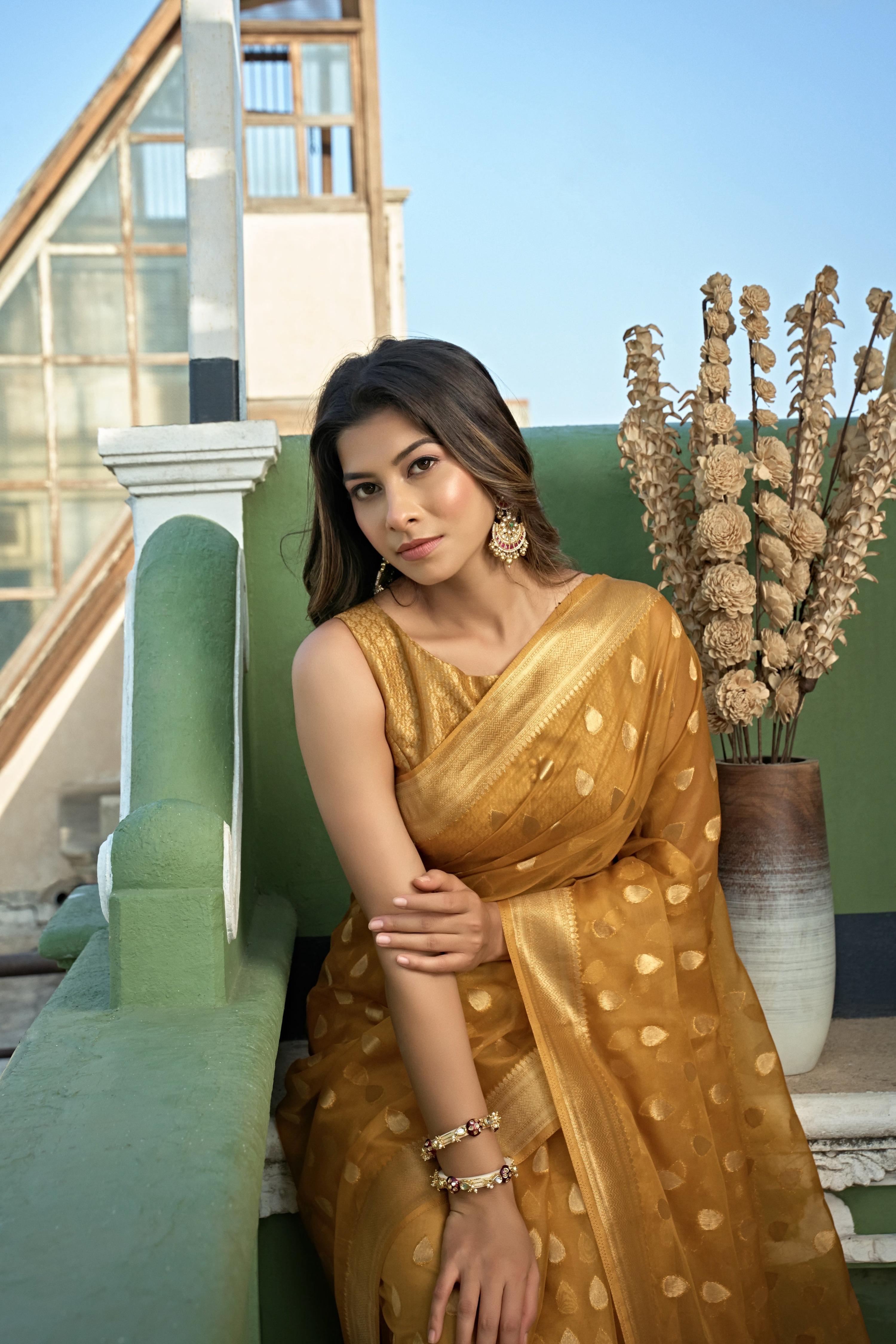 Vardha Amber Yellow Golden Zari Banarasi Organza Saree | Grocsy