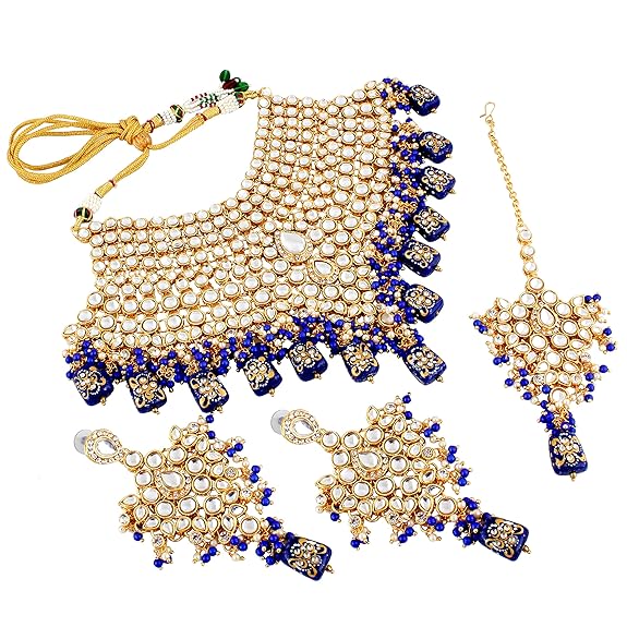 Tehzeeb Creations Traditional Gold-Polished Designer Blue Color Dulhan Choker Kundan Bridal Set | Grocsy