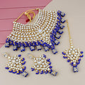 Tehzeeb Creations Traditional Gold-Polished Designer Blue Color Dulhan Choker Kundan Bridal Set | Grocsy