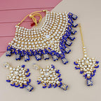 Tehzeeb Creations Traditional Gold-Polished Designer Blue Color Dulhan Choker Kundan Bridal Set | Grocsy