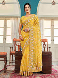 Tikhi Imli Yellow Ethnic Motifs Beads and Stones Embroidered Saree | Grocsy