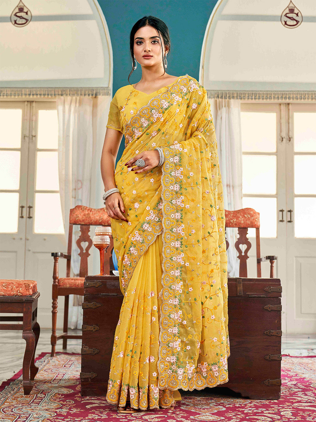 Tikhi Imli Yellow Ethnic Motifs Beads and Stones Embroidered Saree | Grocsy
