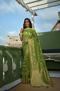 Vardha Lime Green Golden Zari Banarasi Organza Saree | Grocsy