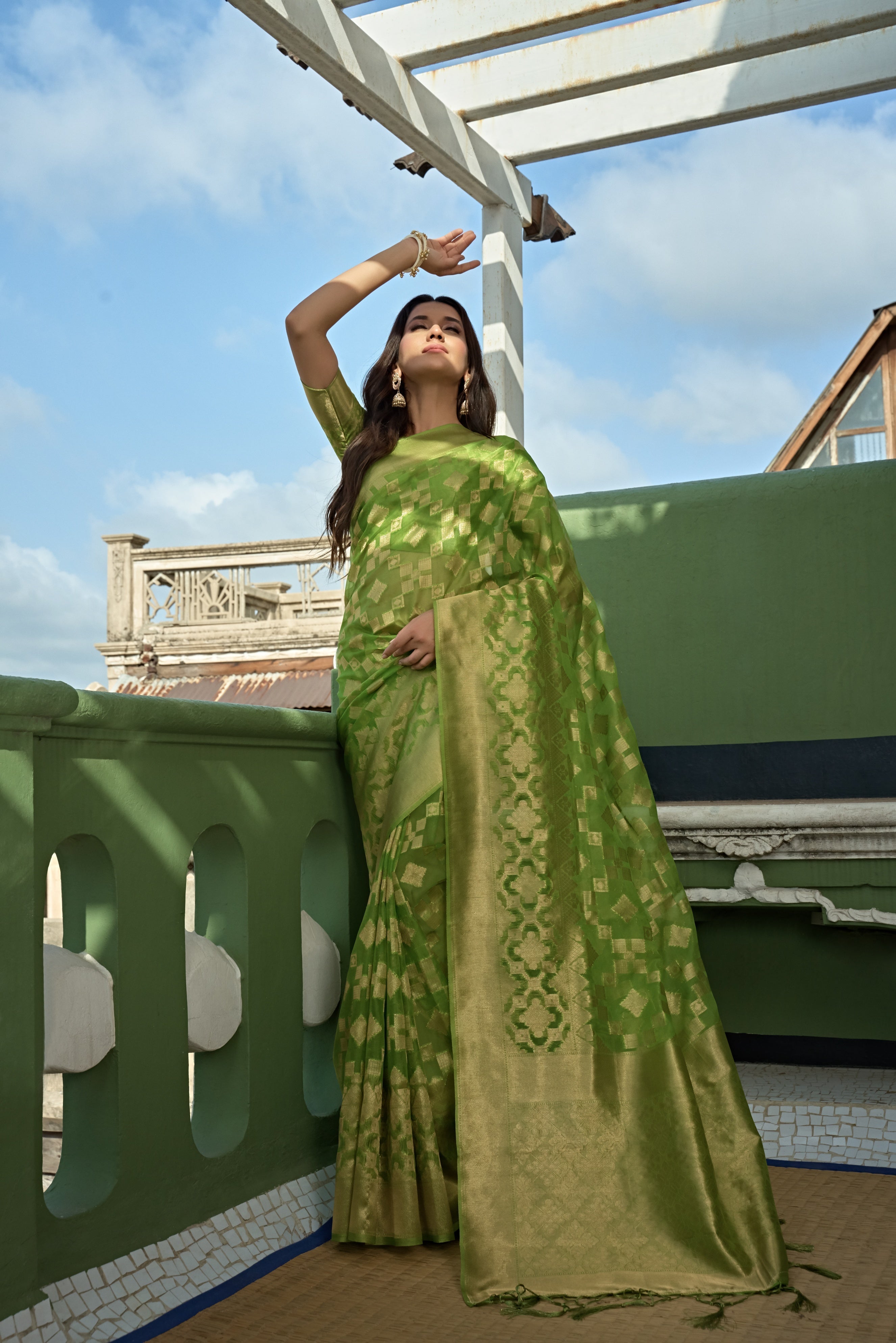 Vardha Lime Green Golden Zari Banarasi Organza Saree | Grocsy