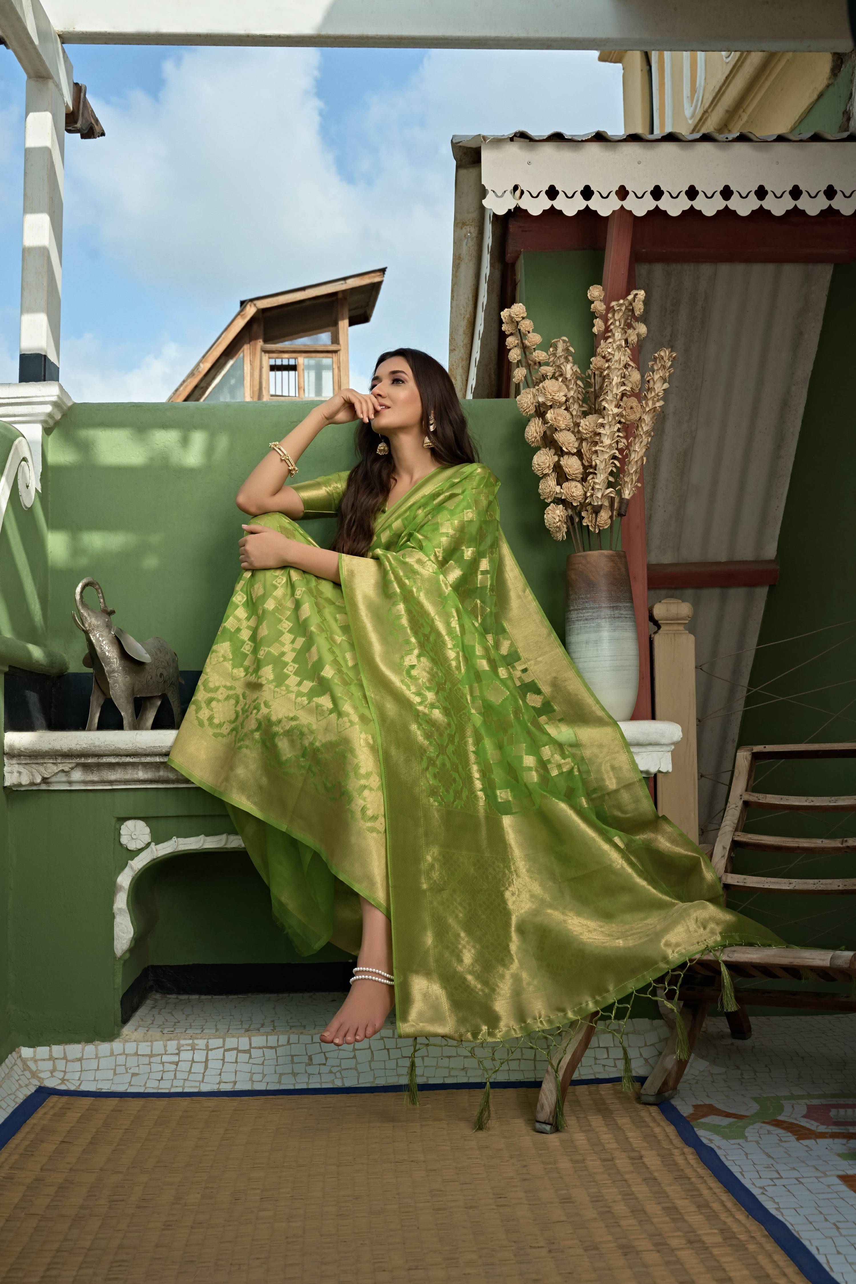 Vardha Lime Green Golden Zari Banarasi Organza Saree | Grocsy