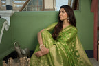 Vardha Lime Green Golden Zari Banarasi Organza Saree | Grocsy