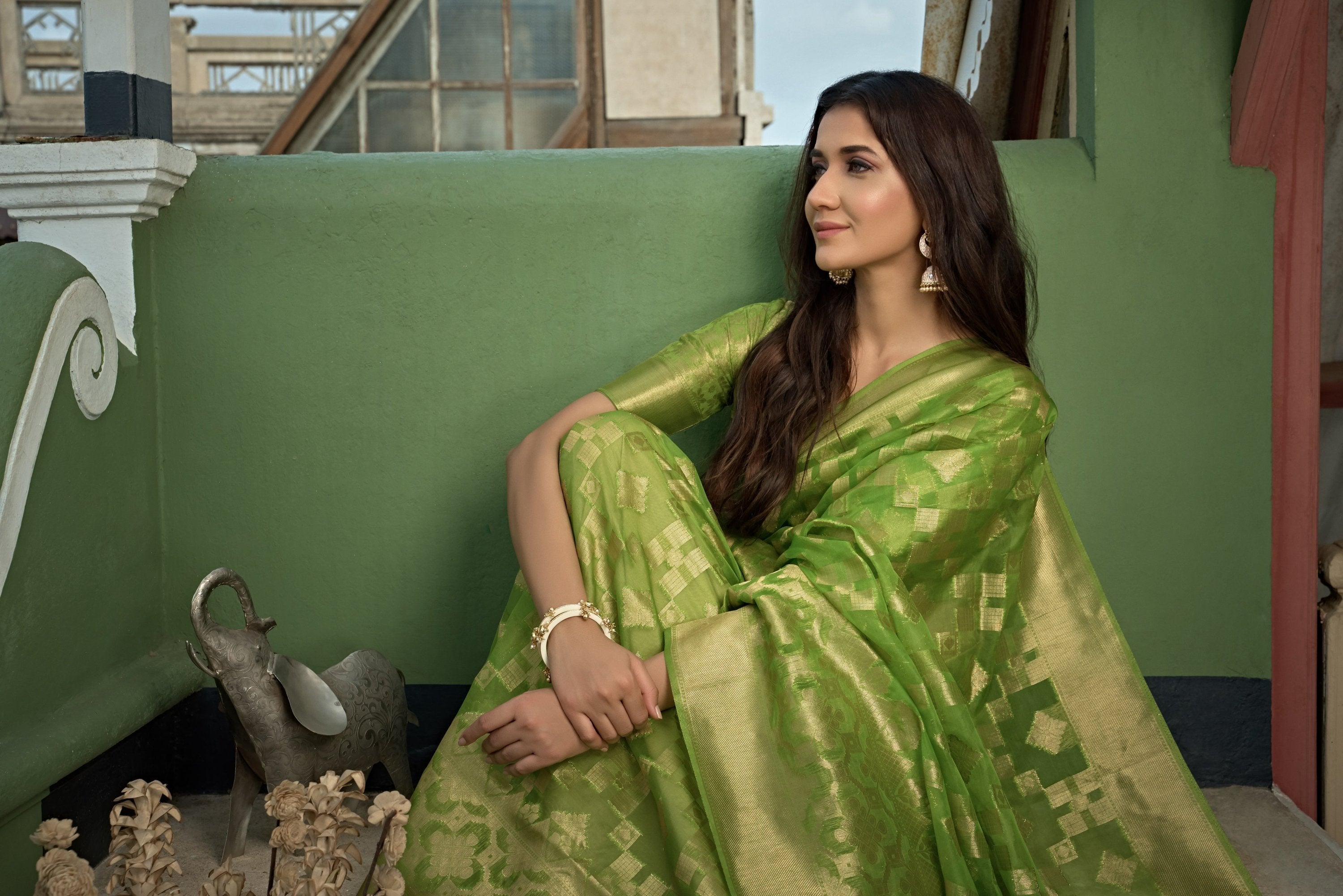 Vardha Lime Green Golden Zari Banarasi Organza Saree | Grocsy
