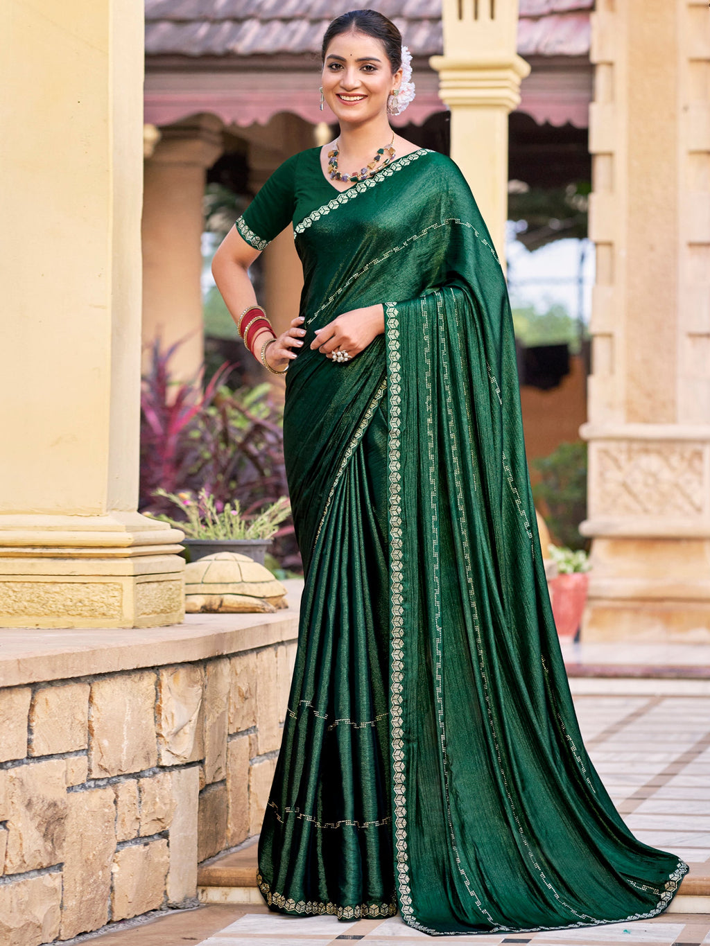 Stylee Lifestyle Green Shimmer Chiffon Embellished Saree | Grocsy