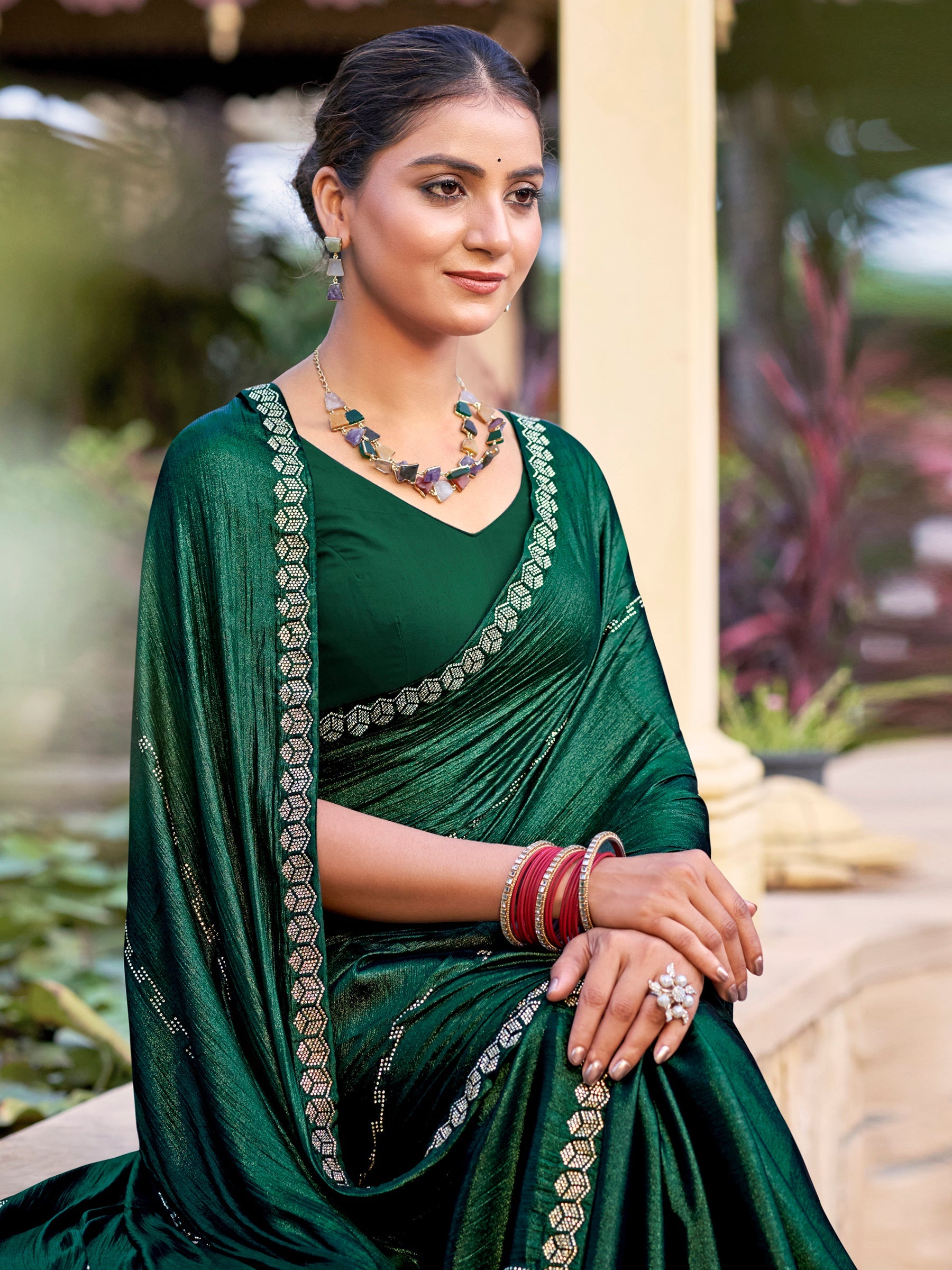 Stylee Lifestyle Green Shimmer Chiffon Embellished Saree | Grocsy