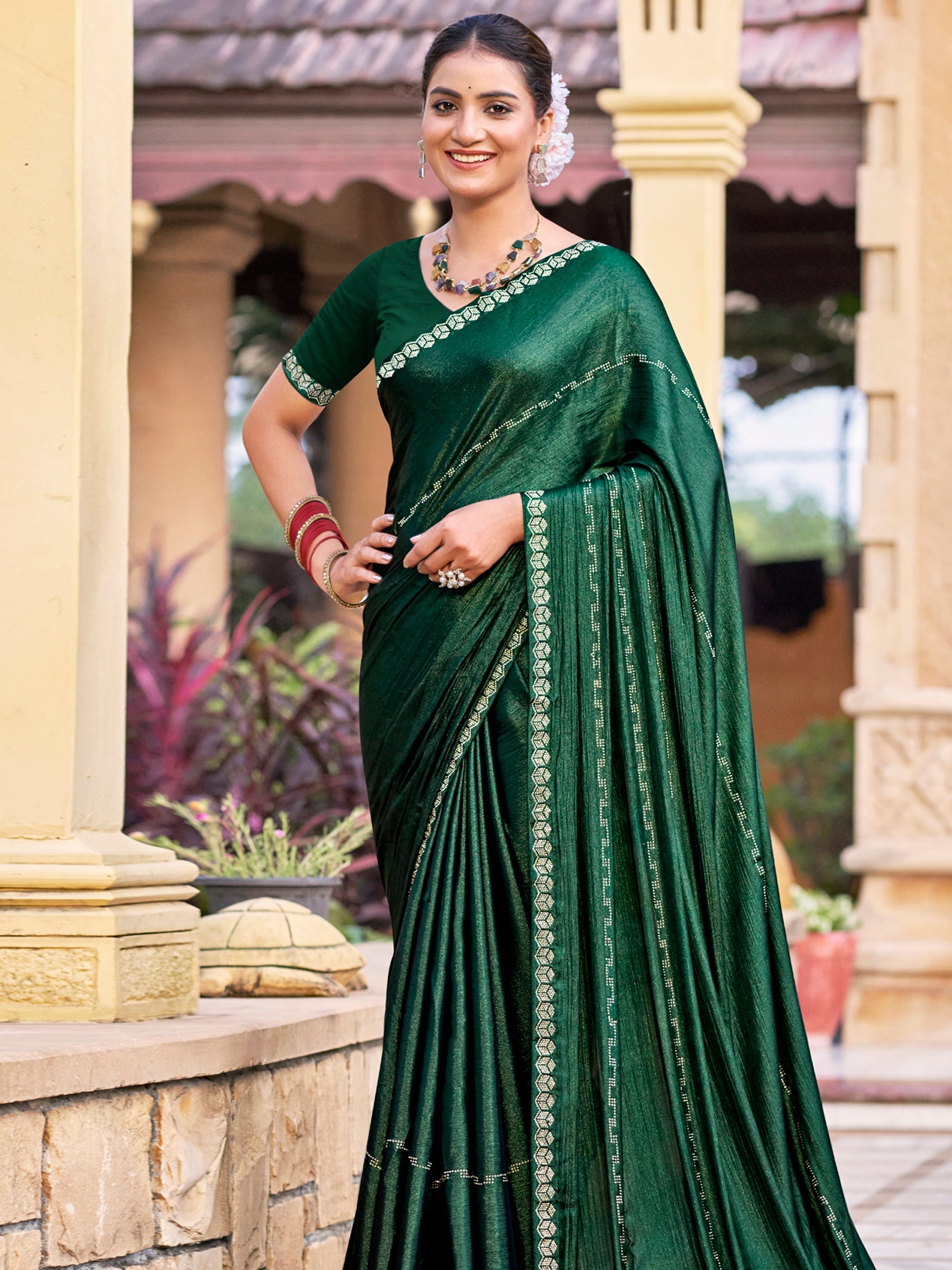 Stylee Lifestyle Green Shimmer Chiffon Embellished Saree | Grocsy