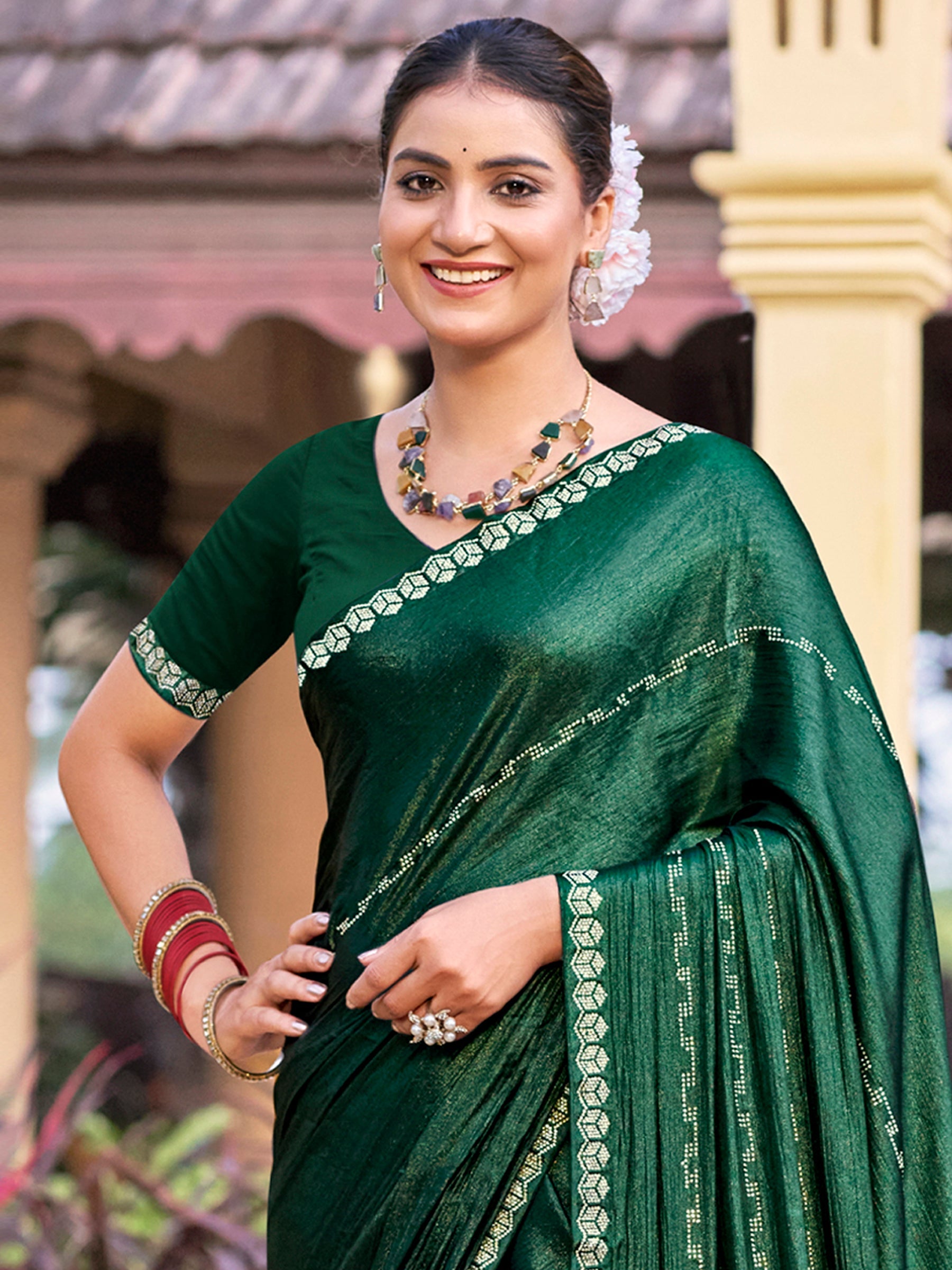 Stylee Lifestyle Green Shimmer Chiffon Embellished Saree | Grocsy