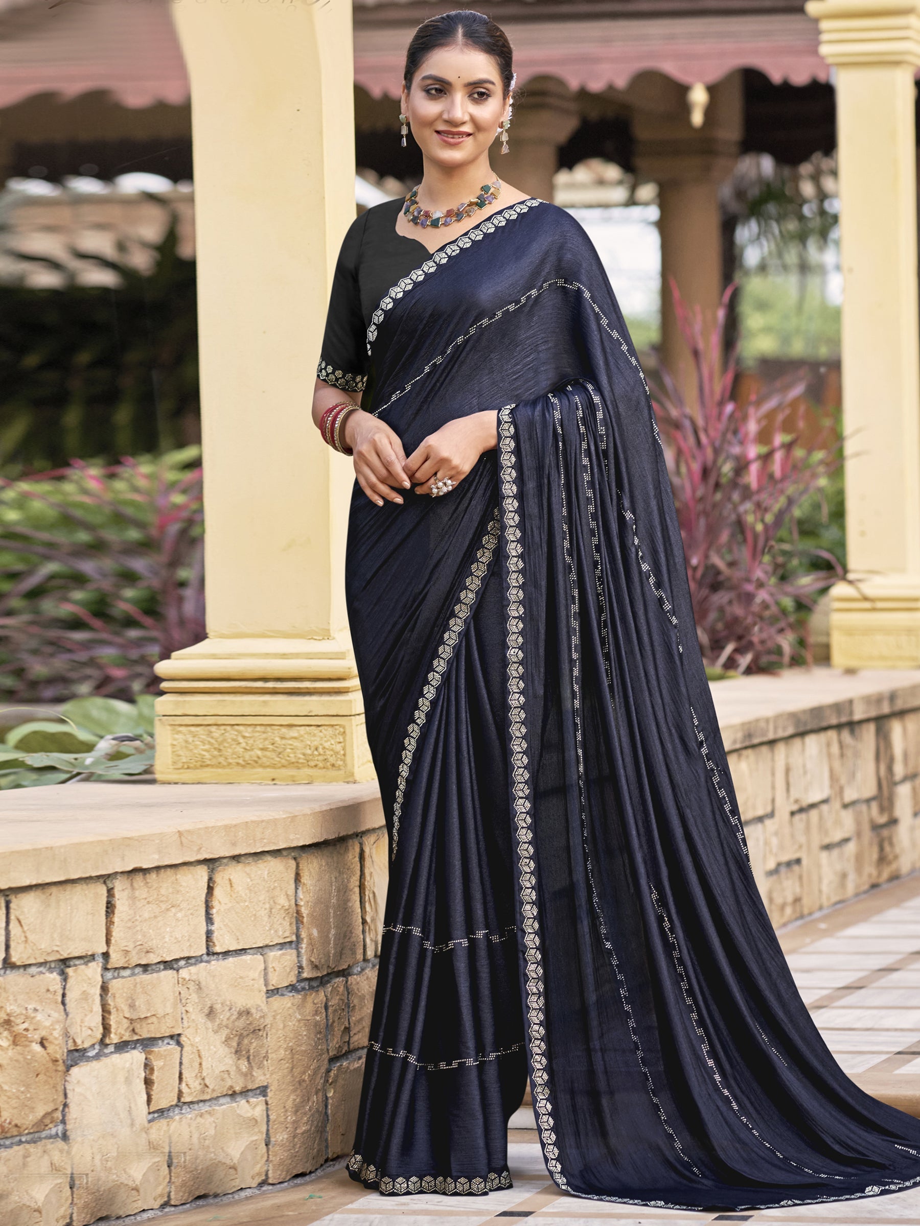 Stylee Lifestyle Mid Night Blue Shimmer Chiffon Embellished Saree | Grocsy