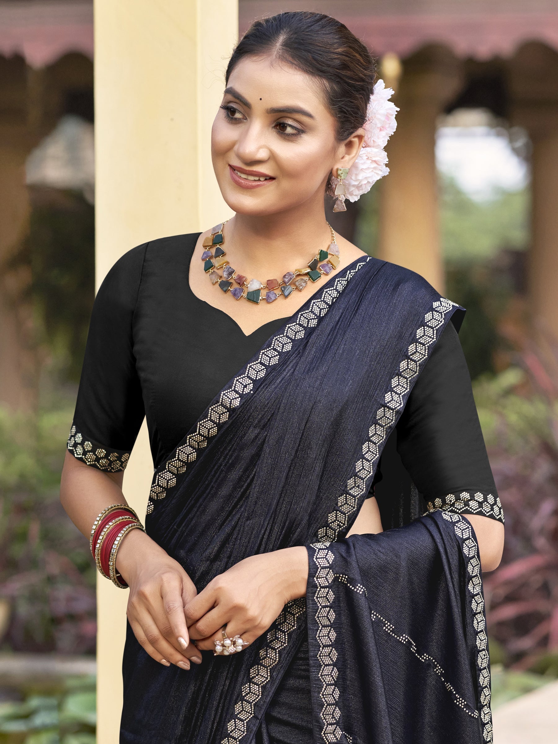 Stylee Lifestyle Mid Night Blue Shimmer Chiffon Embellished Saree | Grocsy