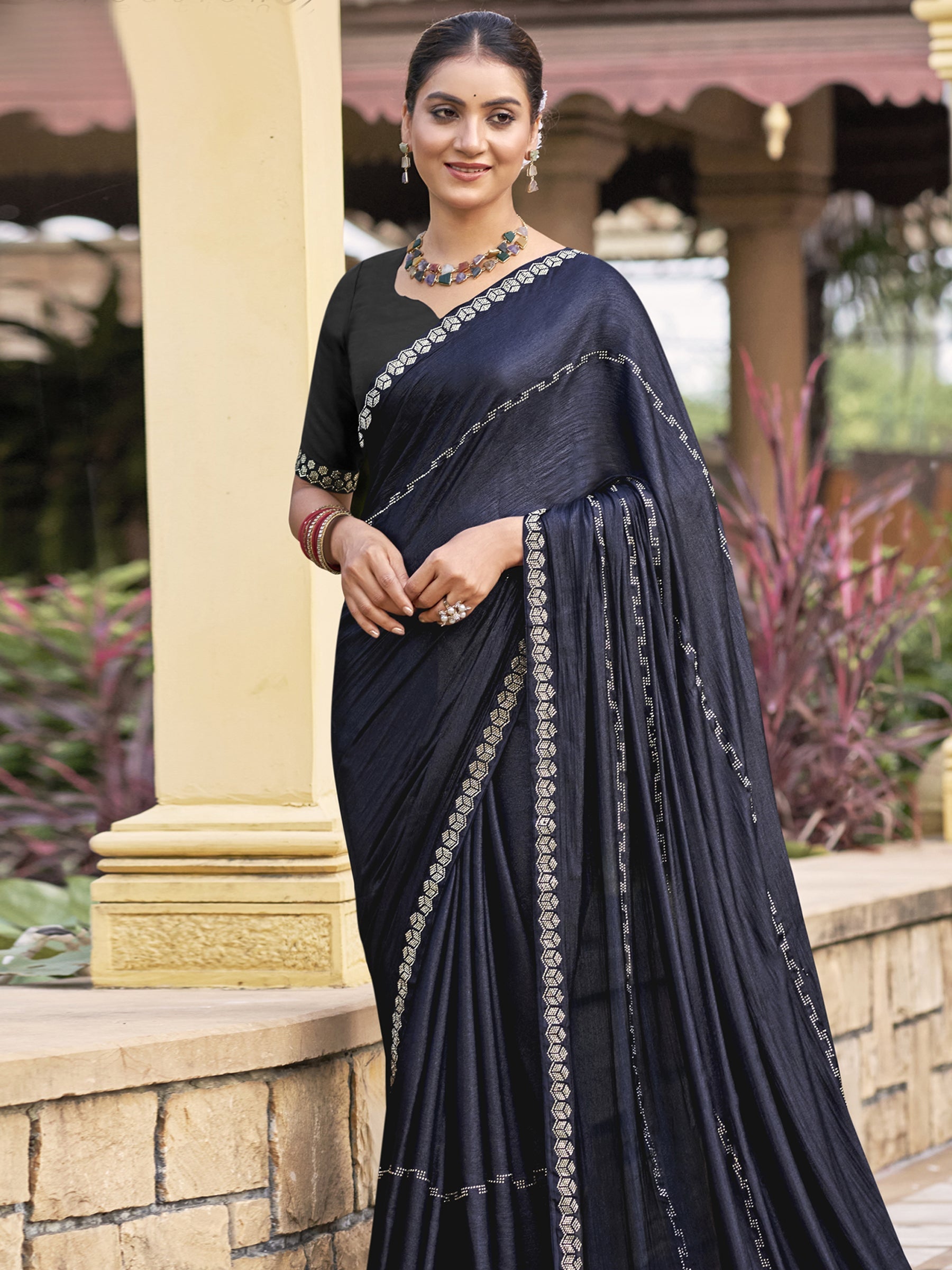 Stylee Lifestyle Mid Night Blue Shimmer Chiffon Embellished Saree | Grocsy