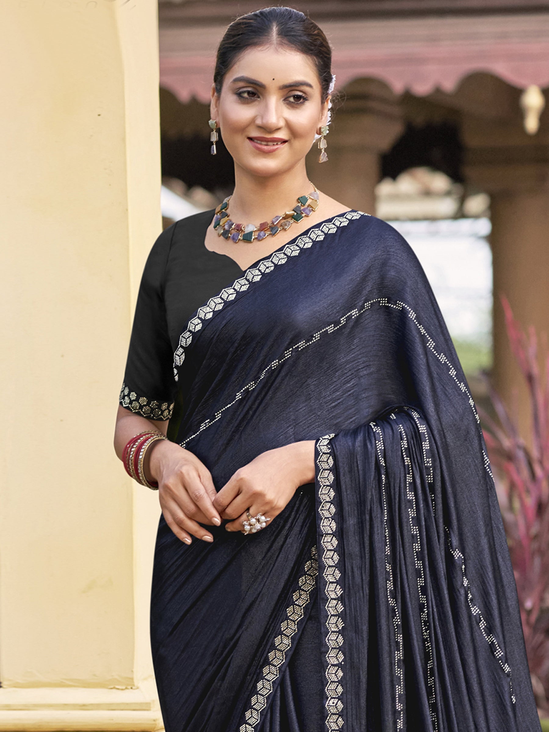 Stylee Lifestyle Mid Night Blue Shimmer Chiffon Embellished Saree | Grocsy