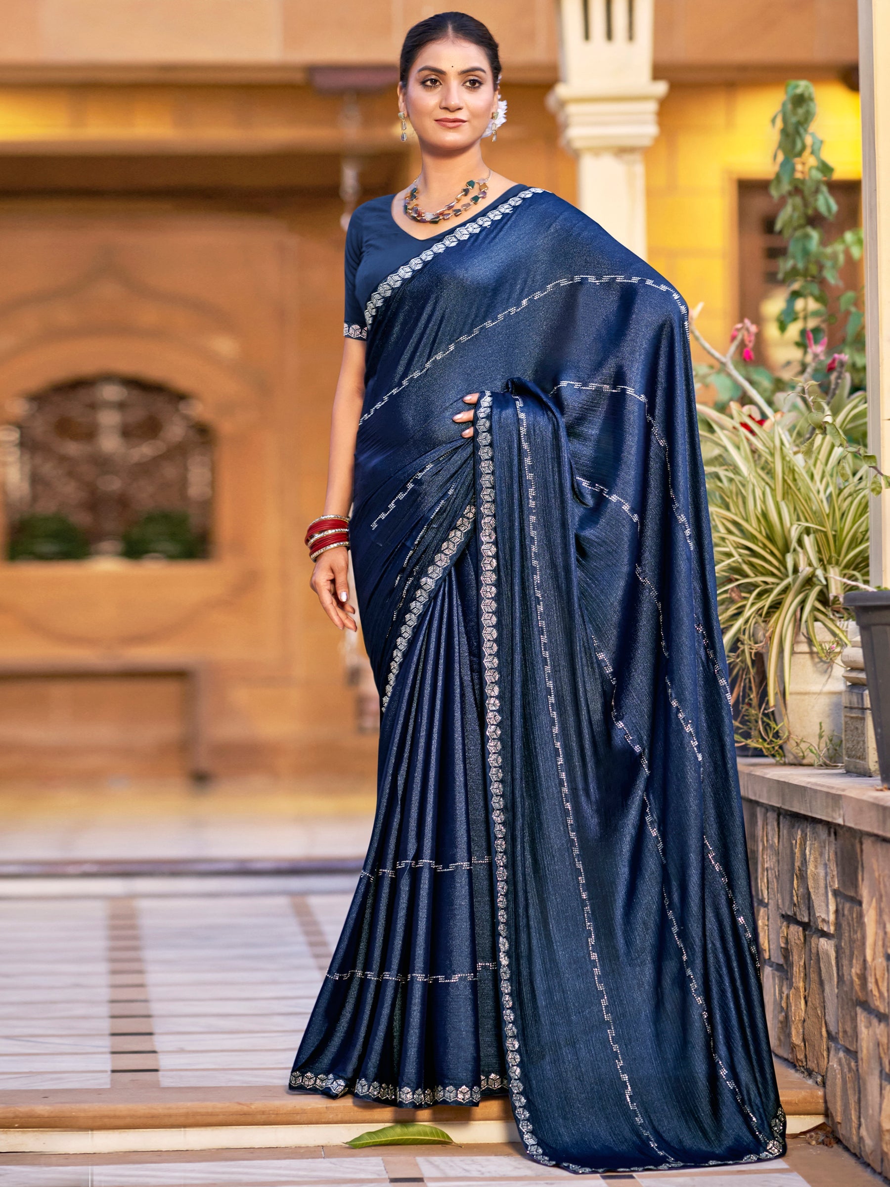 Stylee Lifestyle Navy Blue Shimmer Chiffon Embellished Saree | Grocsy