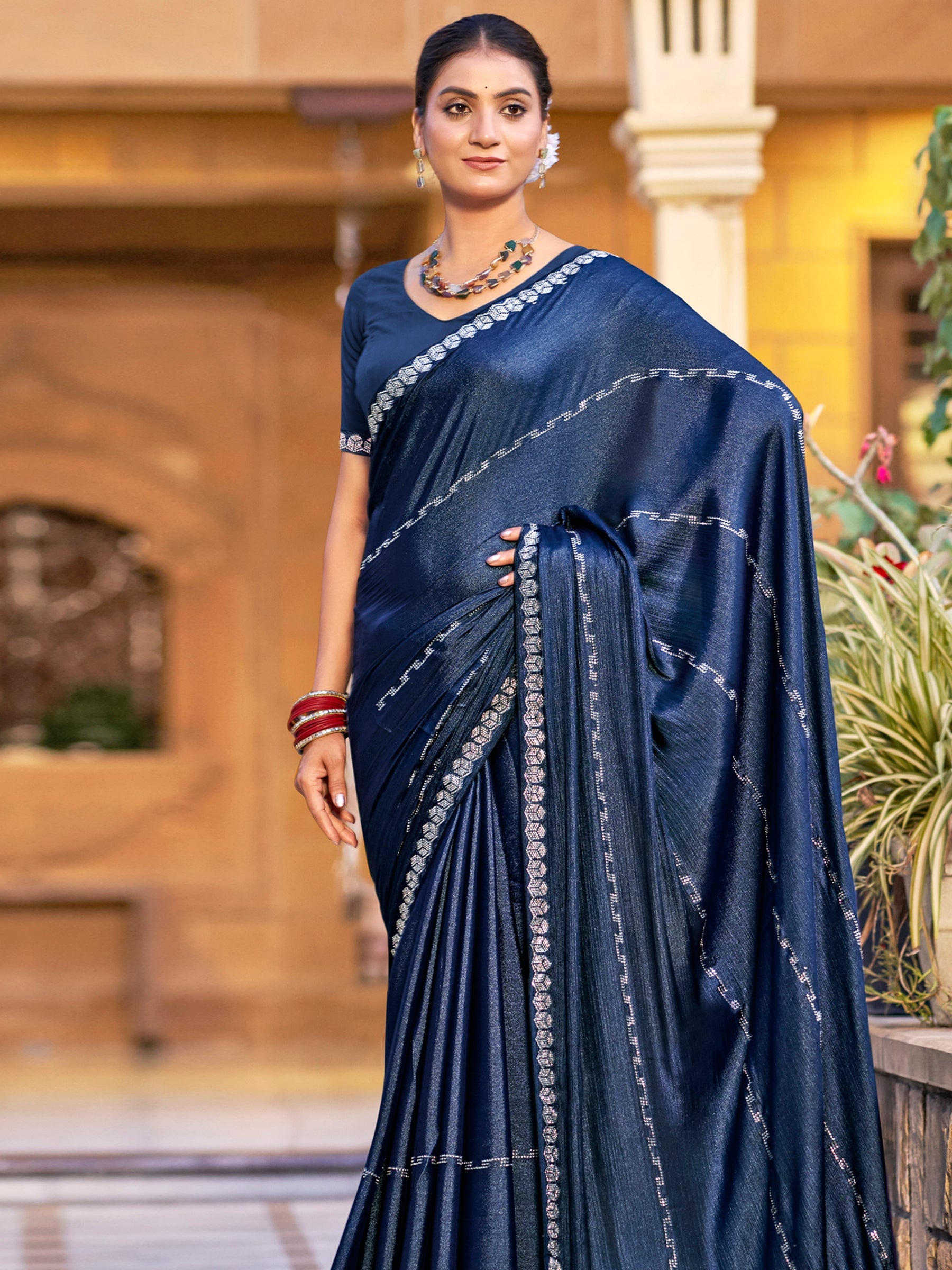 Stylee Lifestyle Navy Blue Shimmer Chiffon Embellished Saree | Grocsy