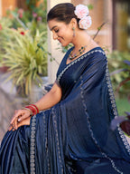 Stylee Lifestyle Navy Blue Shimmer Chiffon Embellished Saree | Grocsy