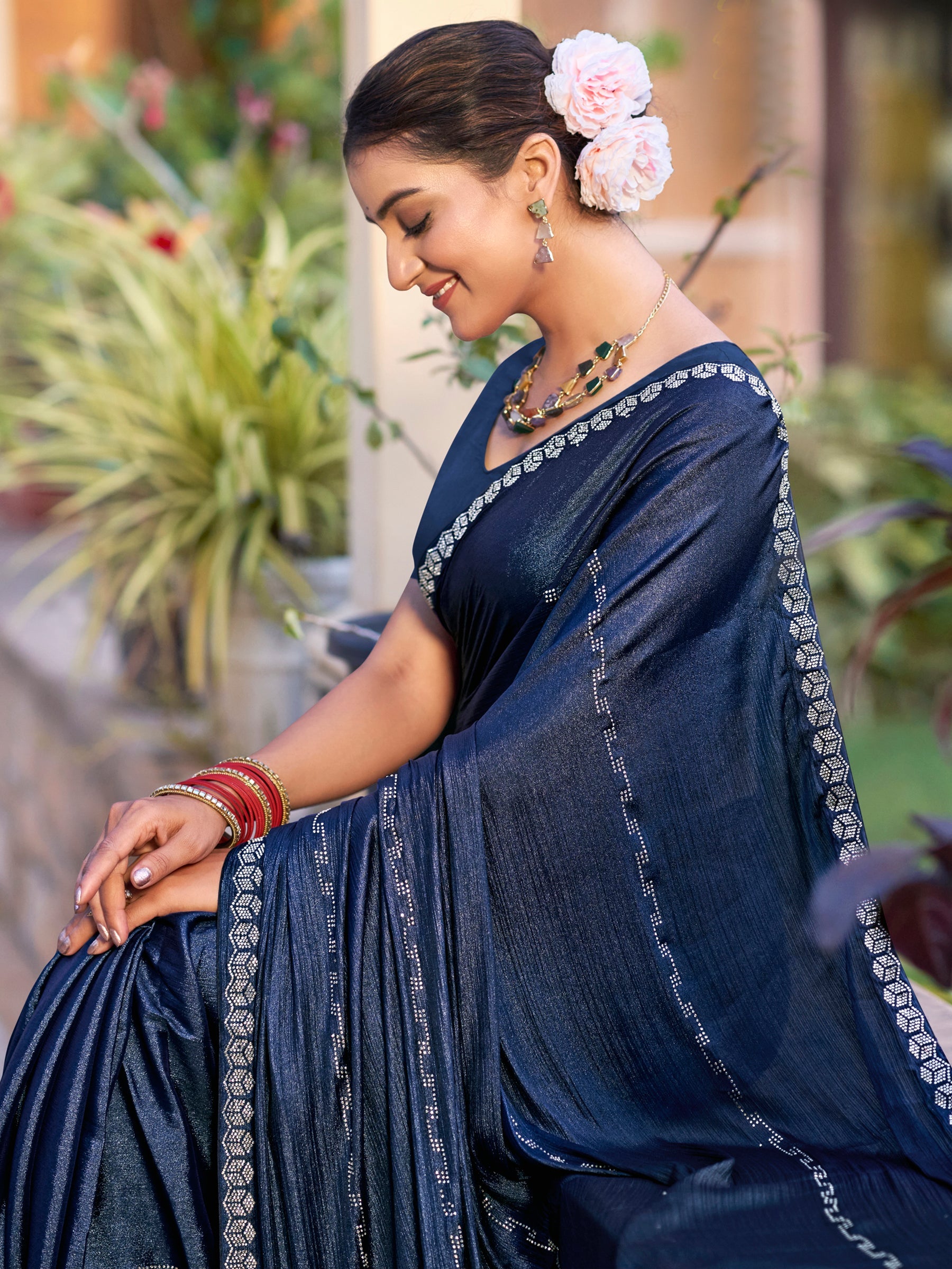 Stylee Lifestyle Navy Blue Shimmer Chiffon Embellished Saree | Grocsy