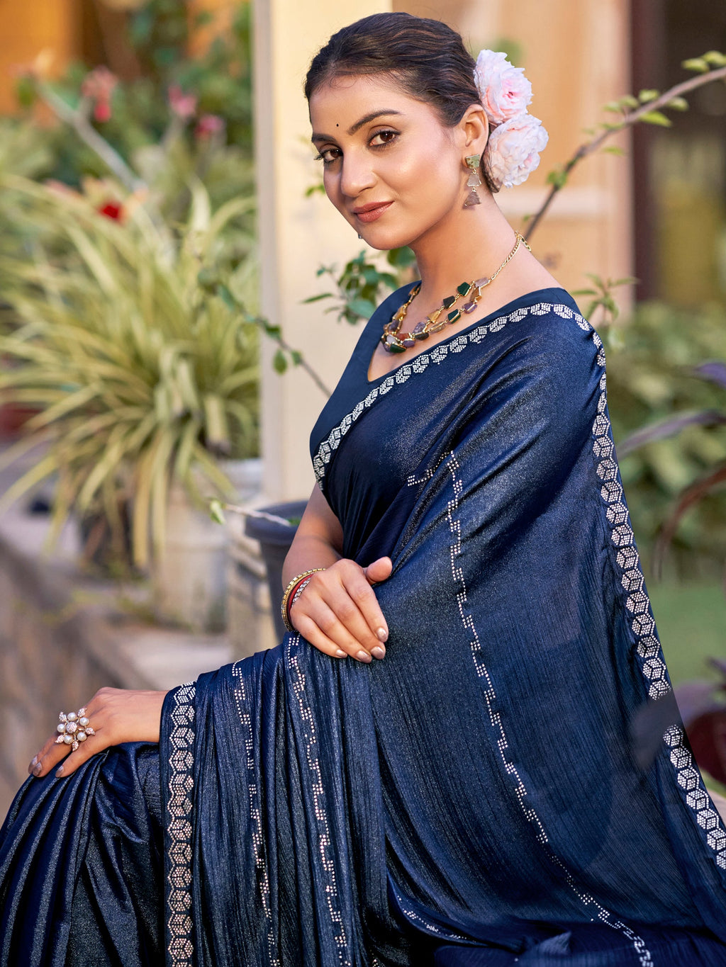 Stylee Lifestyle Navy Blue Shimmer Chiffon Embellished Saree | Grocsy