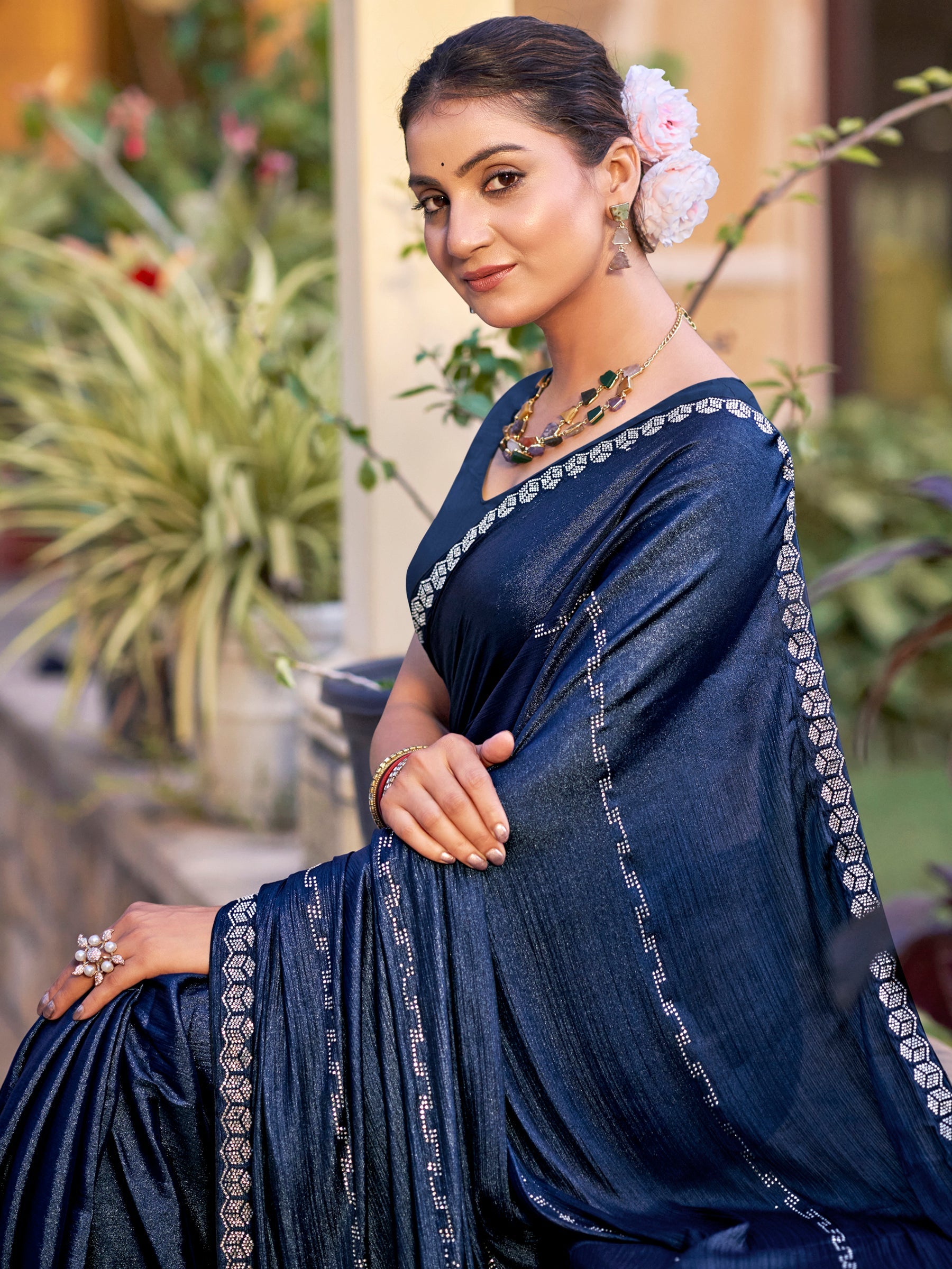 Stylee Lifestyle Navy Blue Shimmer Chiffon Embellished Saree | Grocsy