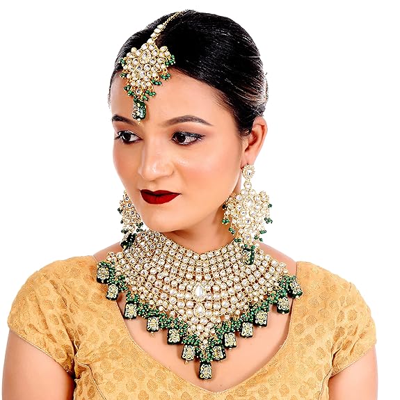 Tehzeeb Creations Traditional Gold-Polished Designer Blue Color Dulhan Choker Kundan Bridal Set | Grocsy