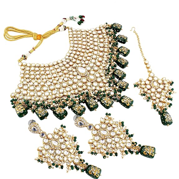 Tehzeeb Creations Traditional Gold-Polished Designer Blue Color Dulhan Choker Kundan Bridal Set | Grocsy