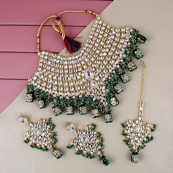 Tehzeeb Creations Traditional Gold-Polished Designer Blue Color Dulhan Choker Kundan Bridal Set | Grocsy