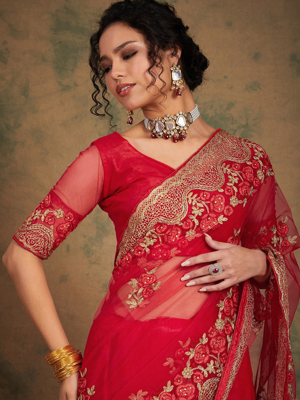 Sangria Ethnic Motifs Embroidered Net Saree | Grocsy
