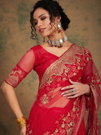 Sangria Ethnic Motifs Embroidered Net Saree | Grocsy