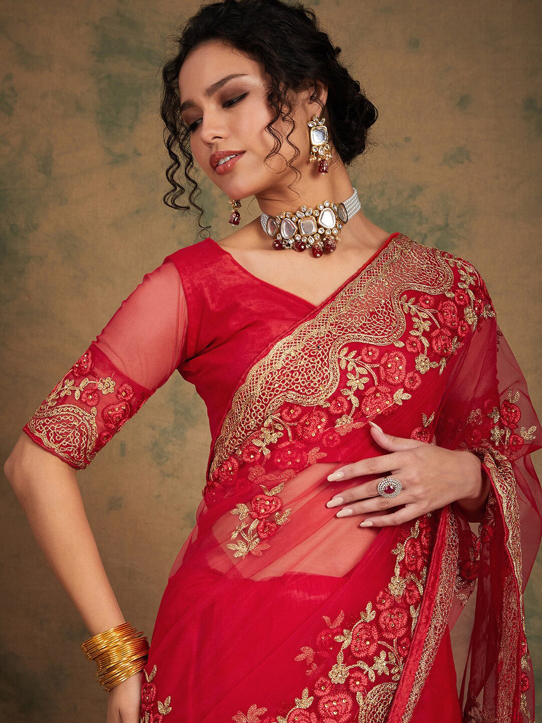 Sangria Ethnic Motifs Embroidered Net Saree | Grocsy