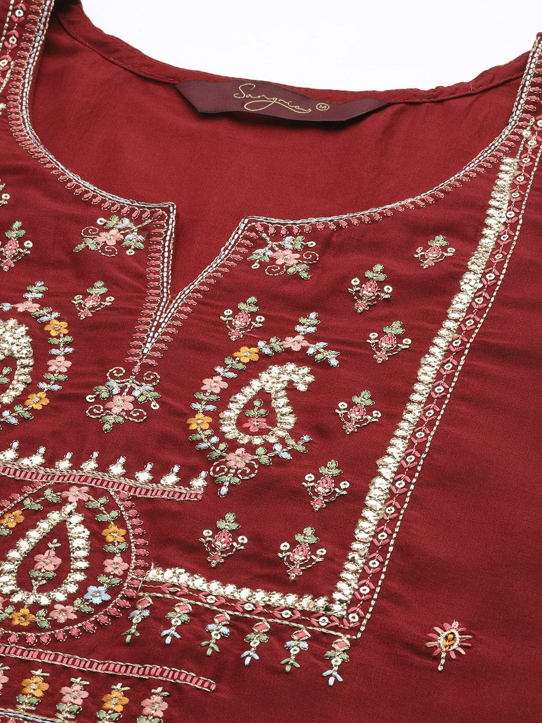 Sangria Women Red Ethnic Motifs Embroidered Pure Cotton Kurta with Trousers & With Dupatta | Grocsy