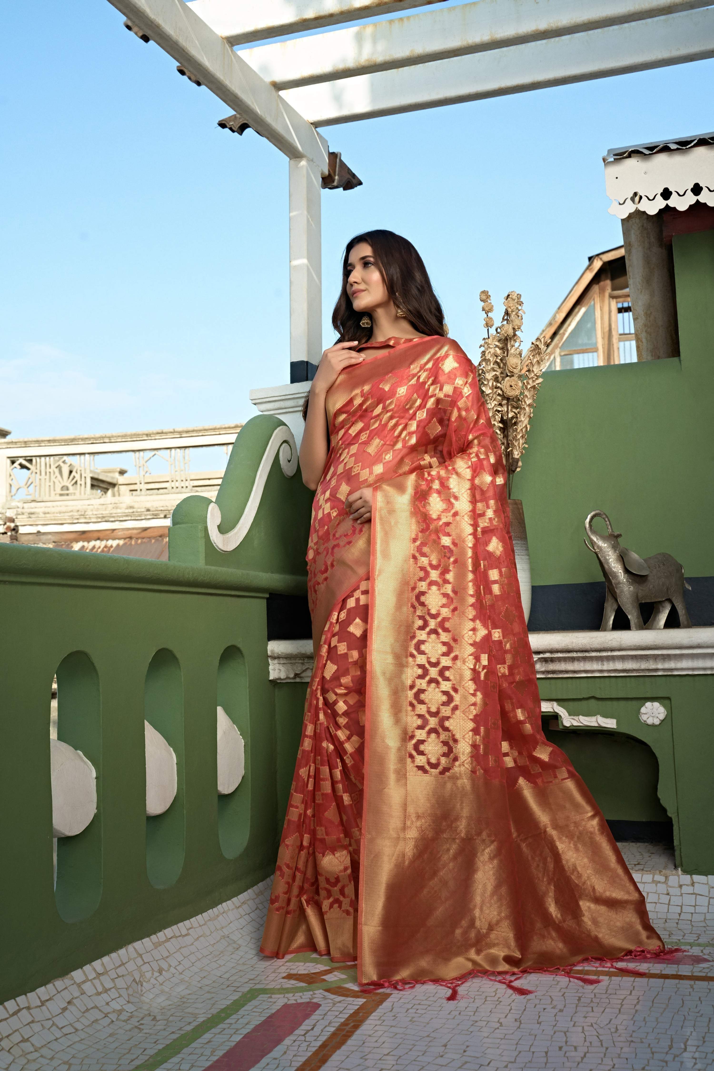 Vardha Tangerine Orange Golden Zari Banarasi Organza Saree | Grocsy