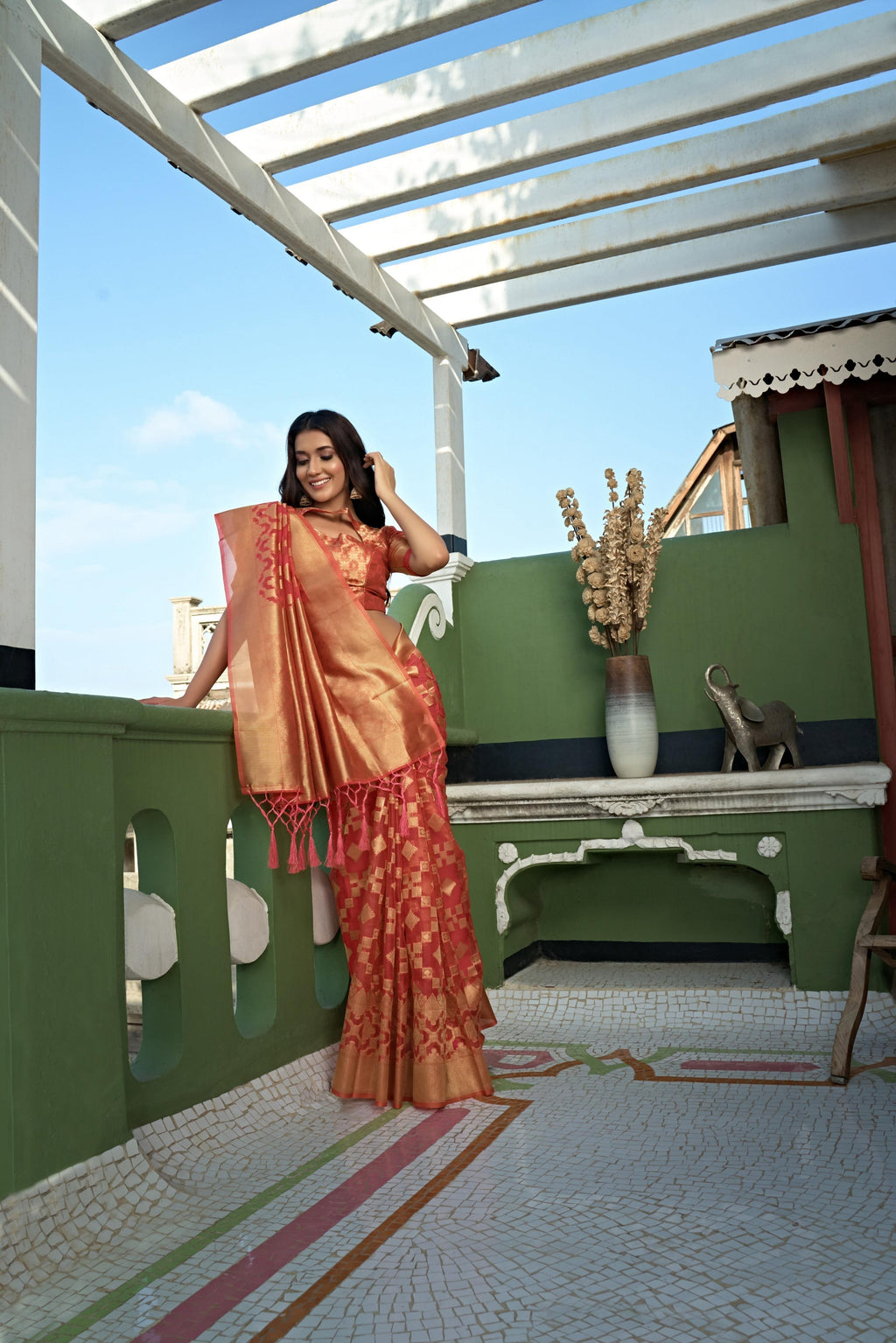 Vardha Tangerine Orange Golden Zari Banarasi Organza Saree | Grocsy