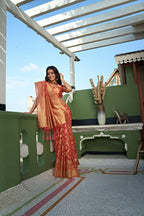 Vardha Tangerine Orange Golden Zari Banarasi Organza Saree | Grocsy