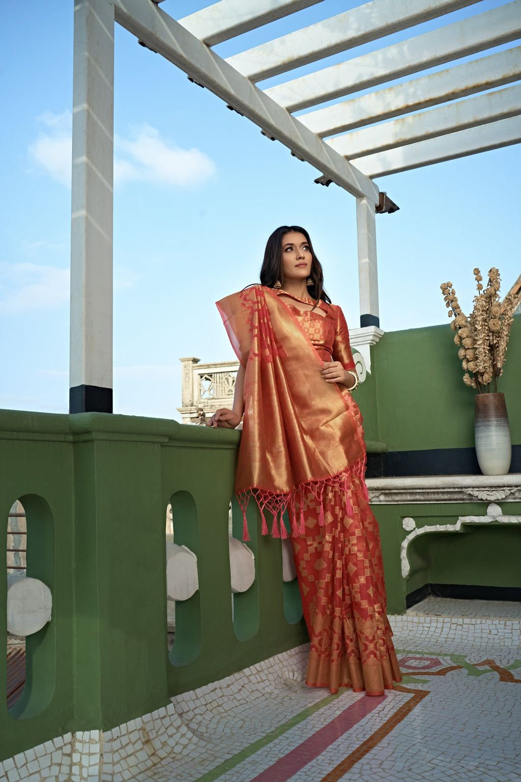 Vardha Tangerine Orange Golden Zari Banarasi Organza Saree | Grocsy