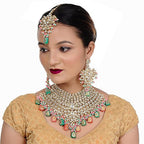 Tehzeeb Creations Traditional Gold-Polished Designer Blue Color Dulhan Choker Kundan Bridal Set | Grocsy