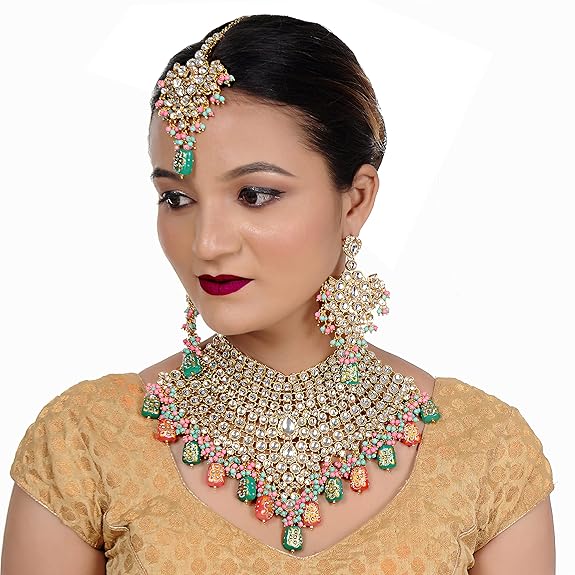 Tehzeeb Creations Traditional Gold-Polished Designer Blue Color Dulhan Choker Kundan Bridal Set | Grocsy