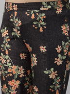 Sztori Plus Size Black Floral Printed Round Neck Straight Kurta with Trousers | Grocsy