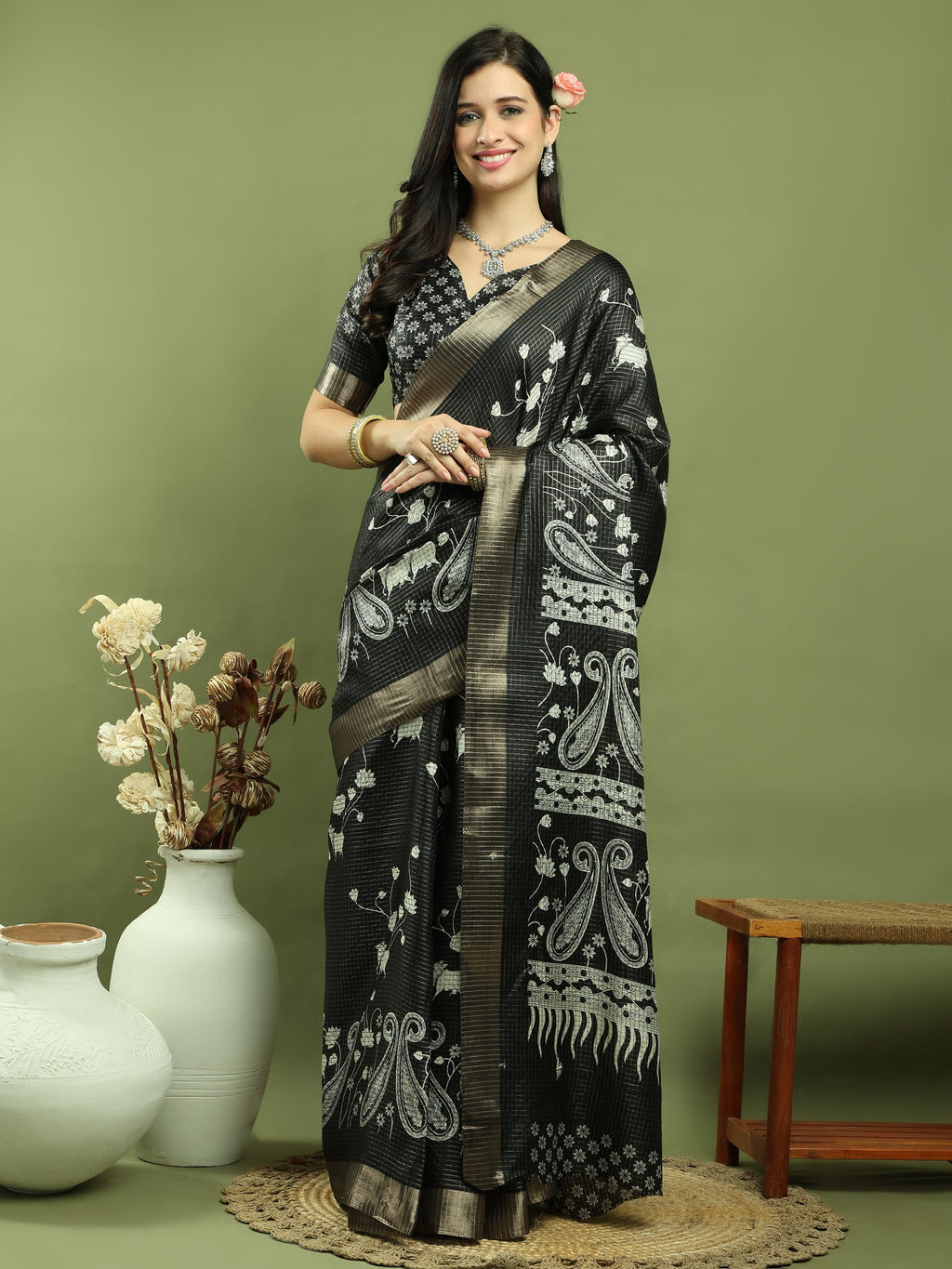 Stylee Lifestyle Black Silk Blend Zari Saree | Grocsy