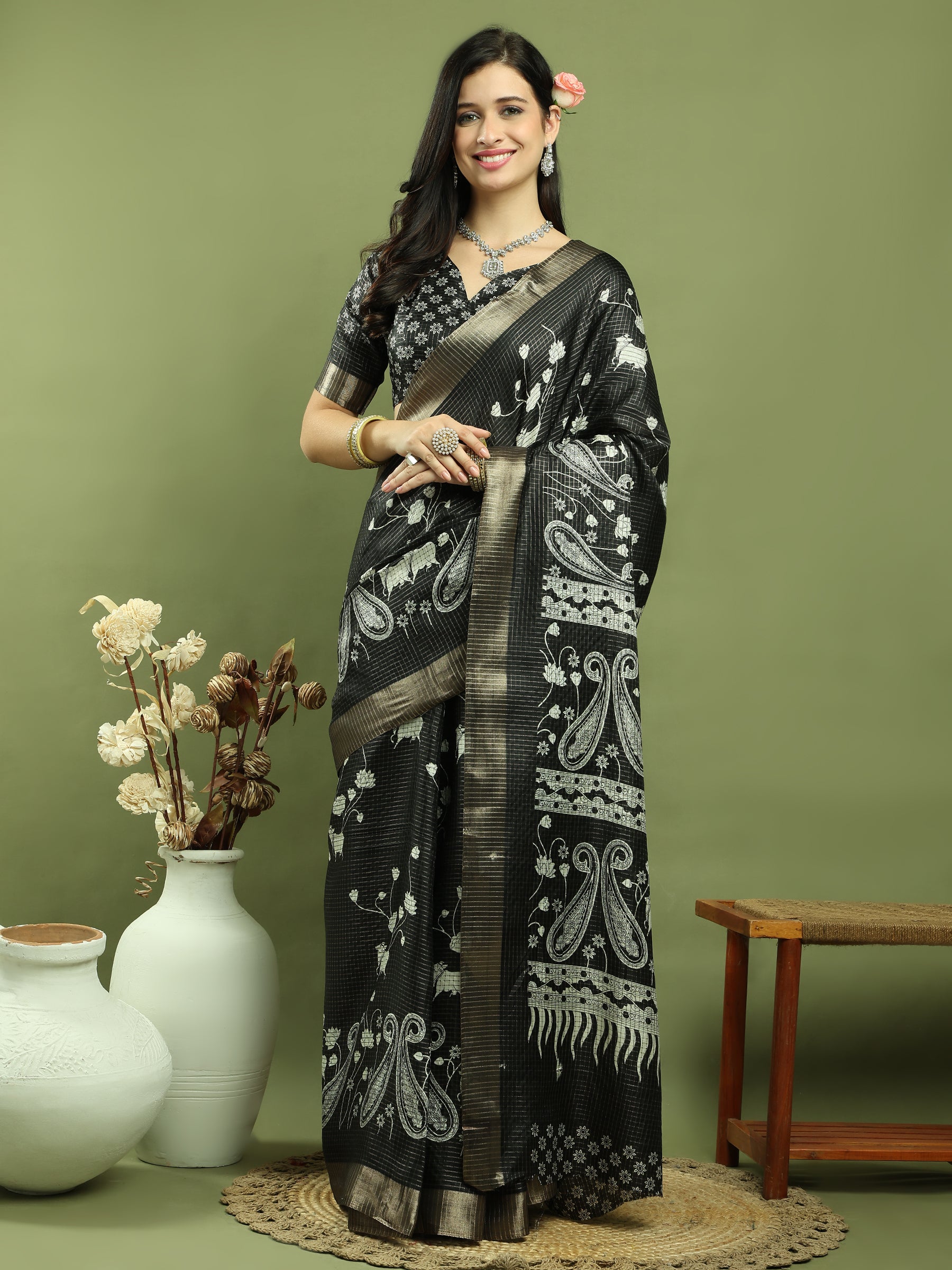 Stylee Lifestyle Black Silk Blend Zari Saree | Grocsy