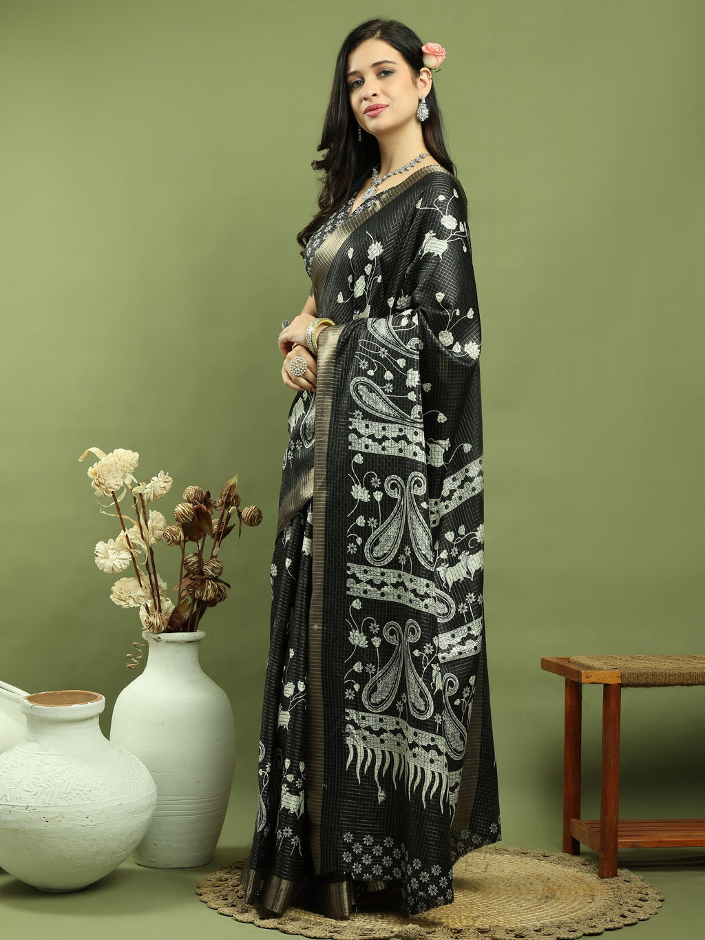 Stylee Lifestyle Black Silk Blend Zari Saree | Grocsy