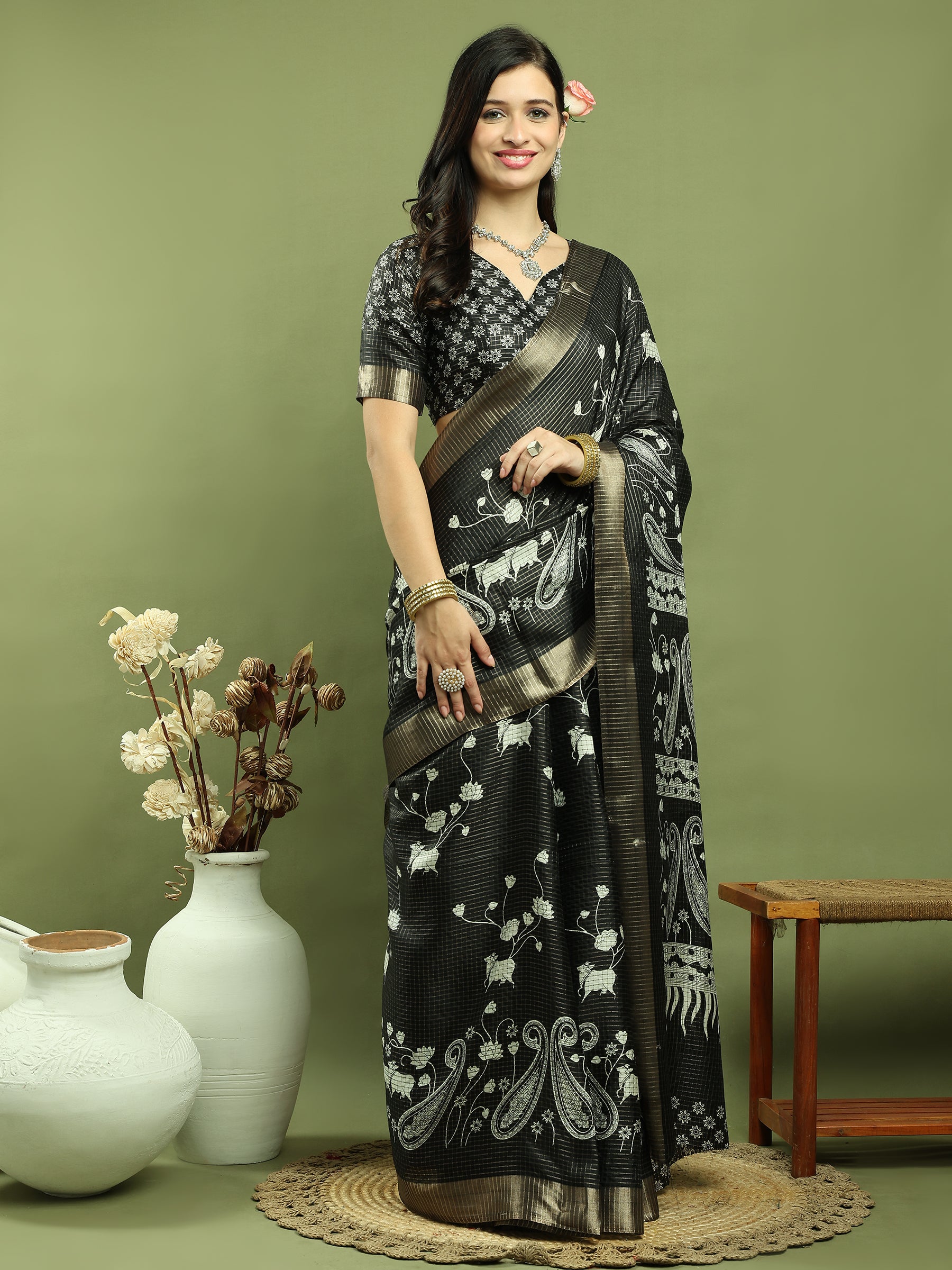 Stylee Lifestyle Black Silk Blend Zari Saree | Grocsy